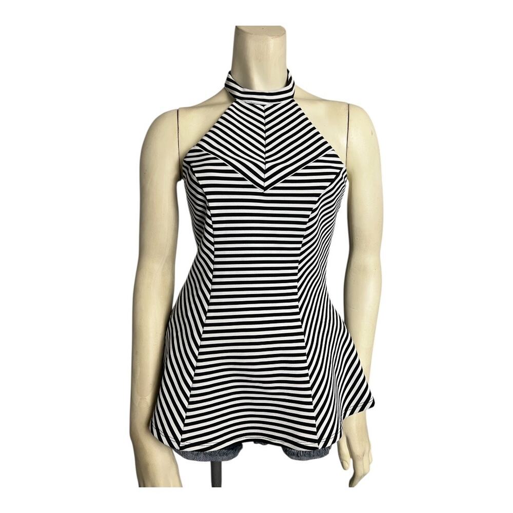 Guess Striped Peplum Top with Choker Neckline White/Black Women's S Casual Chic